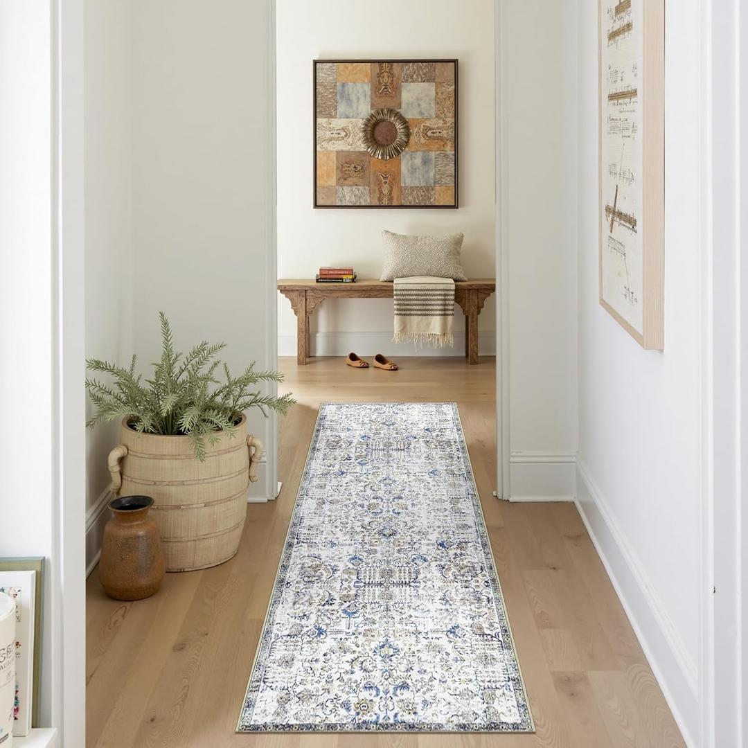jinchan Kalen Runner Rug 2x6 Washable Hallway Rug Vintage Indoor Thin Retro Floor Cover Distressed Floral Country Lightweight Non Slip Carpet for Entryway Bathroom Kitchen Bedroom Living Room Blue