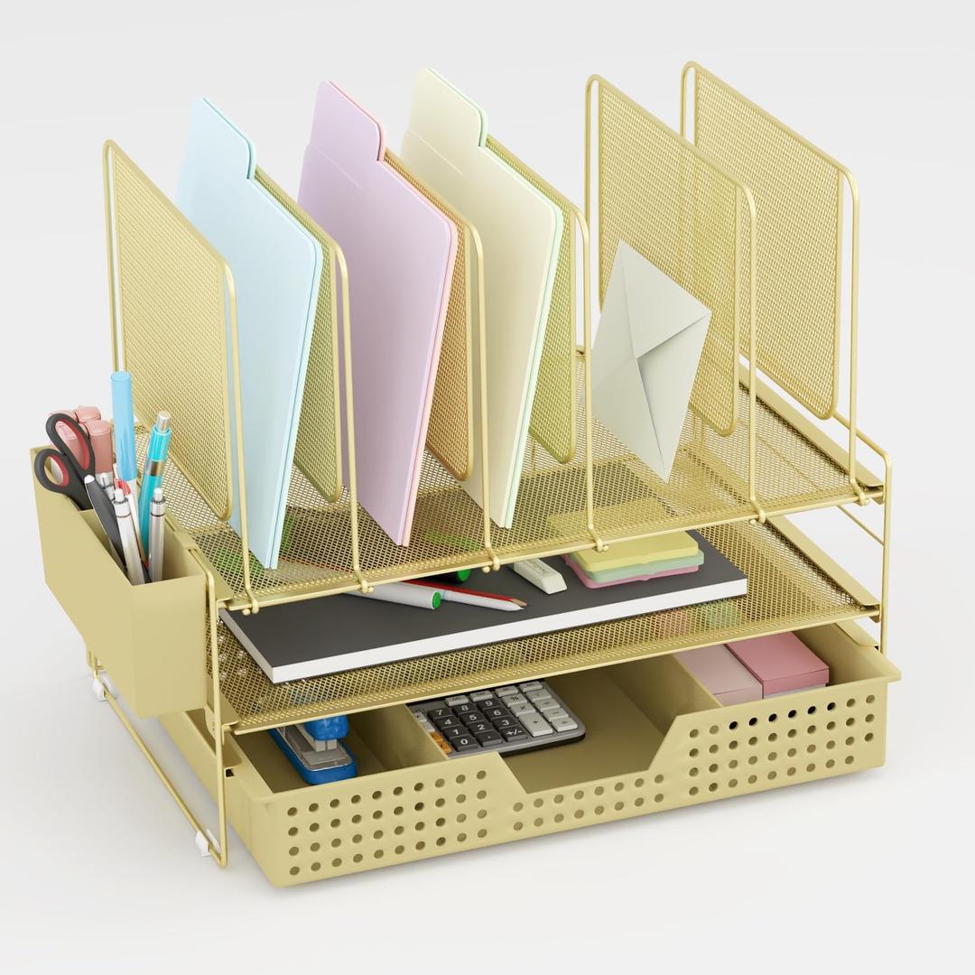 LEKETREE Gold Desk Organizer, Office Organization with Vertical File Holder, File Organizer with Drawer and Pen Holder, Desk Accessories and Workspace Organizers for Home Office (Gold) (2 Tier)