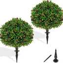Artificial Olive Topiary Ball Trees with Ground Spike, Set of 2 UV Resistant Artificial Shrubs, Fake Evergreen Artificial Plant Bushes for Indoor Outdoor Front Porch Garden (16IN)