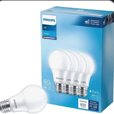 Philips LED 60-Watt A19 General Purpose Light Bulb, Frosted Daylight, Non-Dimmable, E26 Medium Base (4-Pack)