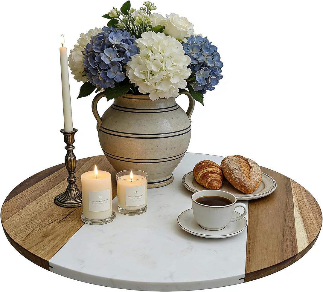 18" Marble & Wood Lazy Susan Turntable, Rotating Serving Tray
Large Dining Table Centerpiece, Spinning Platter for Kitchen Countertop, Pantry & Charcuterie Board