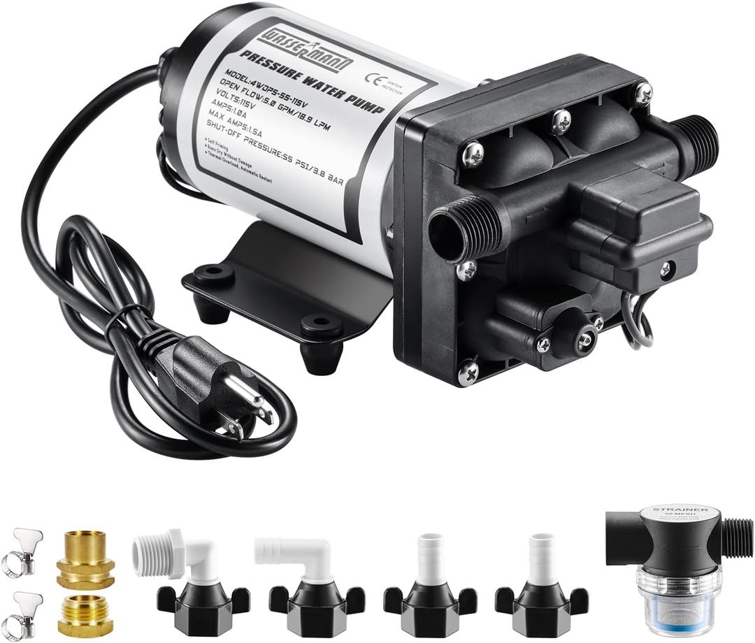 WASSERMANN RV Water Pumps Pressure Pump 115V AC with Pressure Switch, Self-priming Water Pump 5.0GPM 55PSI, Fresh Water Pump for RV Kitchen Bathroom Marine Yacht Garden Diaphragm Pump
