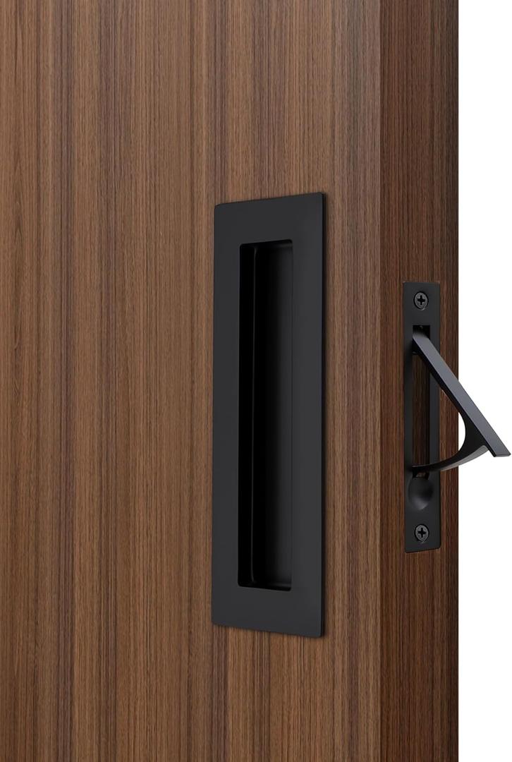 Dontay Pocket Door Pull Handle,304 Stainless Steel,Rectangle Recessed Flush Finger Pulls & Edge Spring Pull,No Lock,Hardware Set for More Than 1-1/8 Thickness Sliding Door(Matte Black,6'')
