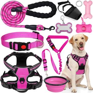 No Pull Dog Harness Adjustable Collar & Leash Set - Dog Halter Harnesses Collapsible Bowls & Poop Bag Dispenser Muzzle ID Tags Toys Fits Small Medium Large Dogs (Pink-L)