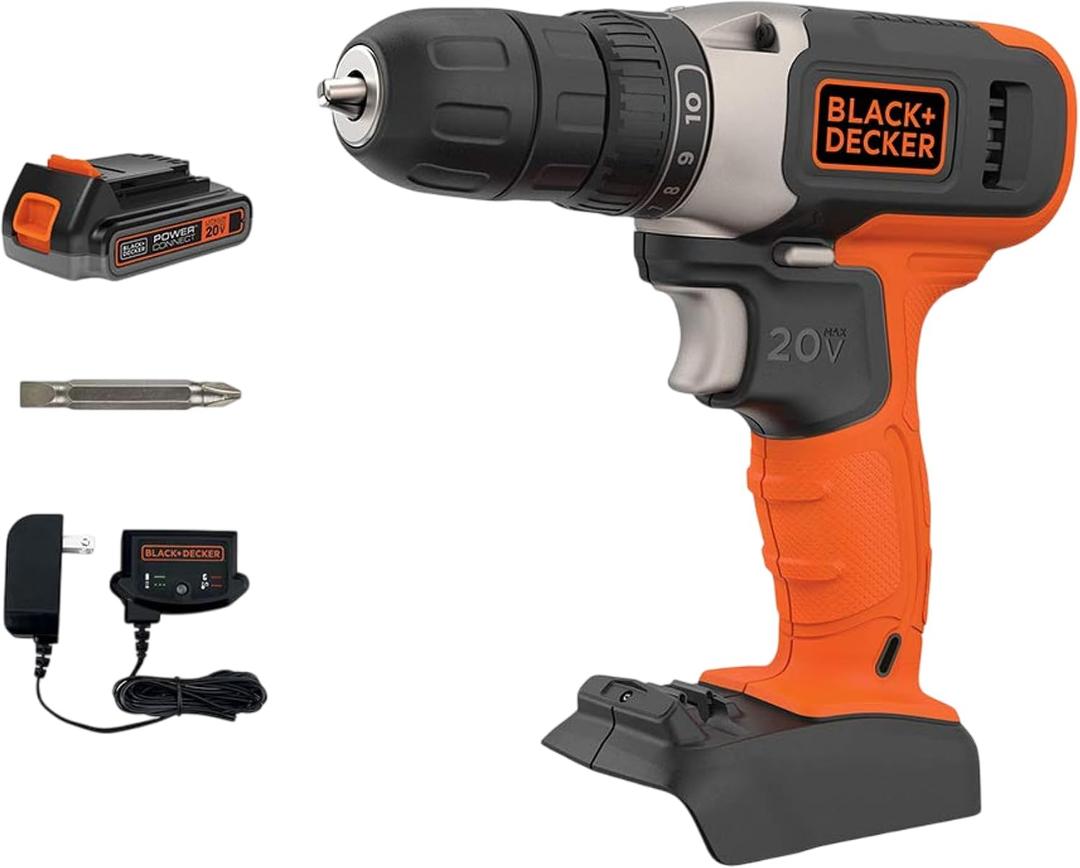 BLACK+DECKER 20V MAX Cordless Drill Kit with Battery, Charger, Includes Double Sided Drill Bit (BCD702C1)