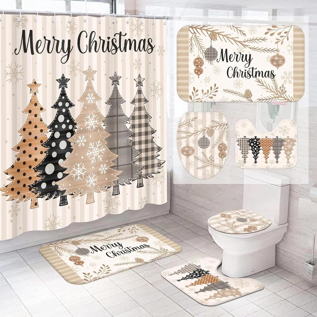 4 Pcs Christmas Shower Curtains Set Stripes Pine Trees Xmas Bathroom Set, Christmas Tree Shower Curtain with 12 Hooks Non Slip Rug Toilet Lid Cover and Bath Mat for Xmas Winter Holiday Supply (Red)