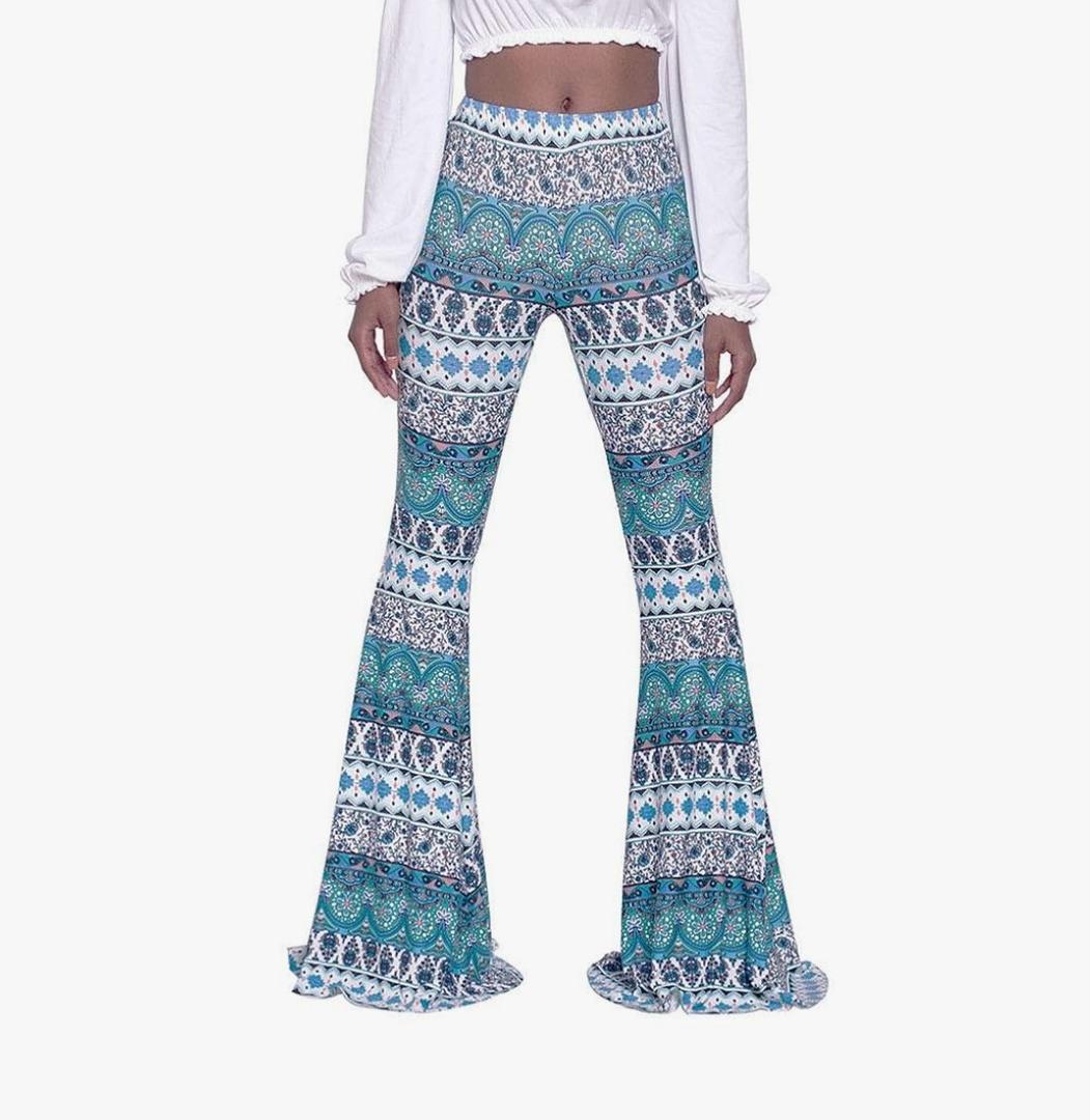 Women High Waisted Fit Flare Ethnic Paisley Floral Bell Bottoms Yoga Pants Flared Leggings Size Medium