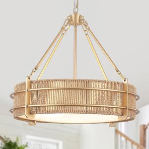 21.5'' Rattan Chandelier For Dining Room,5-Light Boho Pendant Light Fixture