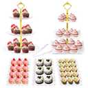 joy akkess 6 Pcs Dessert Table Display Set with 2 Pcs 3 Tier Cake Stand, 3 Pcs Dessert Trays and 1 Tongs for Tea Party Wedding Baby Shower(White, Wavy)