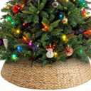 Sweetcrispy 42inch Christmas Tree Collar for 9-12ft Trees, Woven Hyacinth Rattan 4-Panel Collar w/Cord Access Hole & Easy Lock Design, Natural