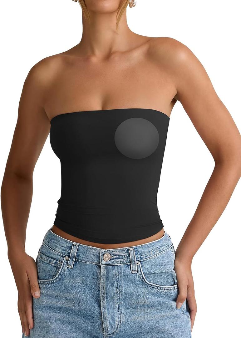 PINKMSTYLE Padded Tube Top with Bulit in Bra Strapless Bandeau Tops Double Lined Cute Going Out Tank Tops for Womens (Black, S)