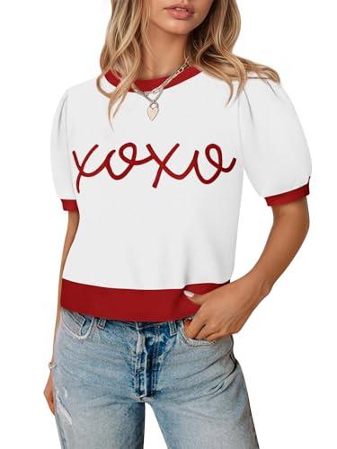 COCCKO Womens Puff Short Sleeve Sweater Casual Crew Neck Pullover Tops Ribbed Knit Sweater Blouse White XL