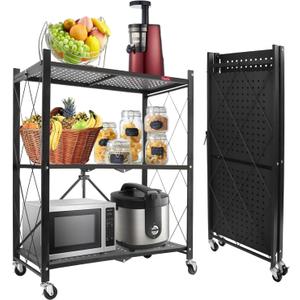 DEANIC 3 Tier Foldable Storage Shelves with Wheels, Kitchen Appliance Stand, Freestanding Metal Wire Shelf Rack, No Assembly Organizer Rolling Cart for Garage, Basement, Pantry(Grey)
