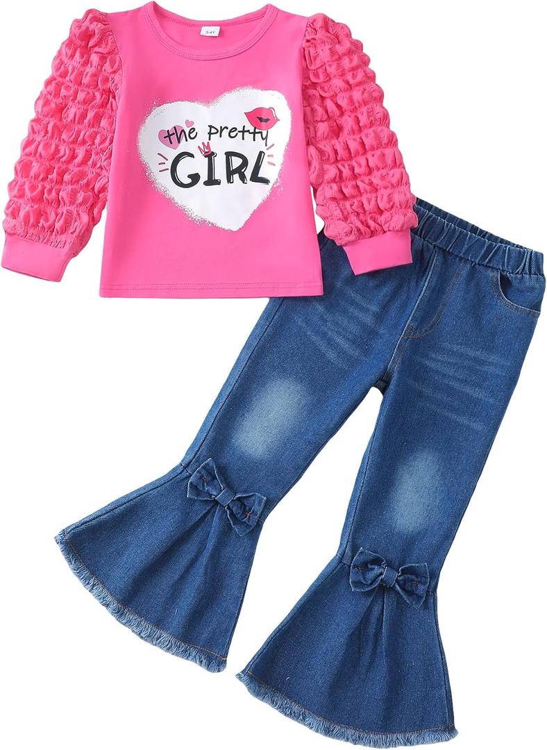 Kucnuzki Toddler Girl Clothes Cute Kids Clothes Long Sleeve Shirts Top Bell Bottom Denim Jeans Pants 2 Piece Matching Outfits (7-8 Years, Rose)