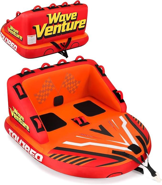 Towable Tubes for Boating - 2 & 3 Person Inflatable Boat Tube with Dual Tow Points, Speed Safety Valve, Heavy Duty Nylon Cover, EVA Foam Pads for Lake & River Water Sports