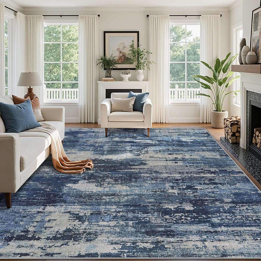 8x10 Area Rugs for Living RoomLarge Machine Washable Area Rug with Non Slip Backing Non Shedding Abstract Stain Resistant Carpet for Bedroom Dining Room Nursery Home Office - Beige/Blue