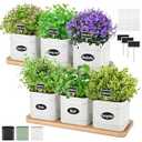 LemonRoad 6 Pcs Indoor Herb Planter Window Herb Pots for Kitchen with Drainage Hole and Bamboo Tray Farmhouse Metal Garden Planter Pot with DIY Label Mom Plant Gift(White,Square)