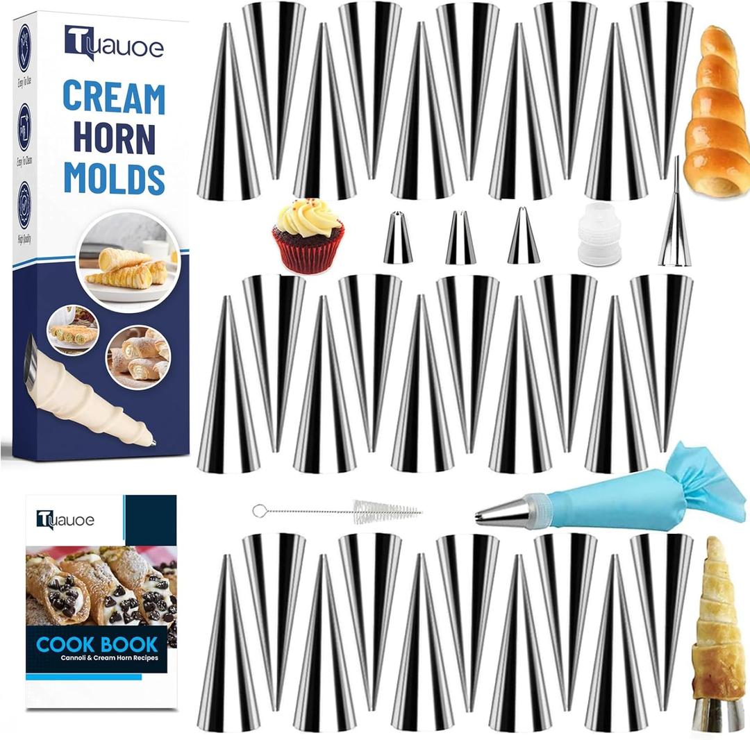 Tuauoe Cream Horn Molds for Baking, 38pcs Horn Forms Set, Non-stick Stainless Steel 30pcs Cone Shaped with Cleaning Brush, Piping Tip, Piping Bag, for ice Cream Cones, Puff Pastry, Baking Cones