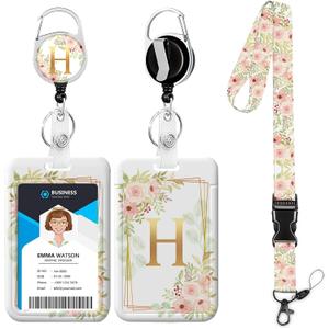 Letter H Lanyards for ID Badges,Floral Badge Holder with Lanyard Badge Reel Retractable Keychain ID Name Tag Work Badge Clip for Teacher Women Work Office