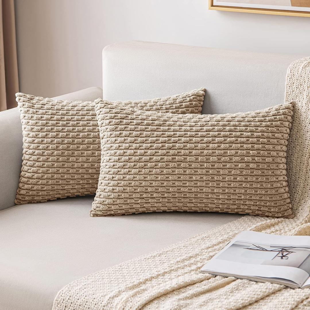 MIULEE Throw Pillow Covers Soft Corduroy Decorative Set of 2 Boho Striped Pillow Covers Pillowcases Farmhouse Home Decor for Couch Bed Sofa Living Room 12x20 Inch Tan (20" x 12" (Pack of 2))