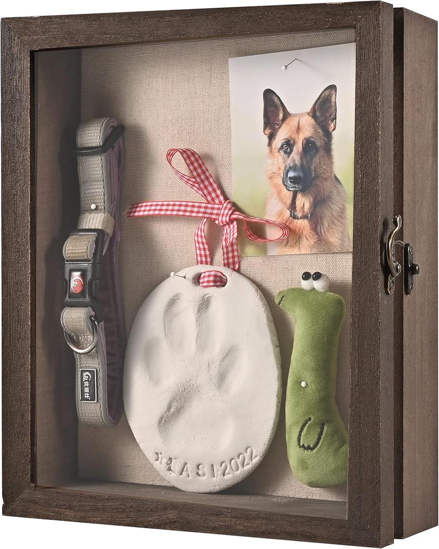 Pet Memorial Shadow Box with Clay Paw Print Impression Kit,Dog Wood Picture Frame Ornament as Loss Pet Keepsake and Gifts for Pet Lover (Brown)