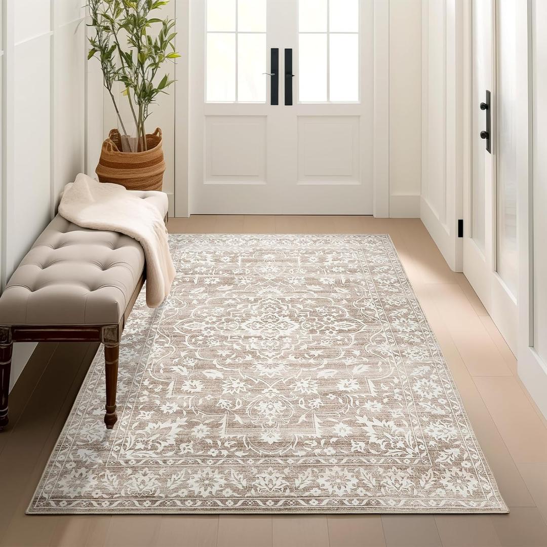 3x5 Rug, Small Area Rug for Kitchen, Entryway, Machine Washable Non-Slip Throw Rug, Floral Dorm Rug Entryway Vintage Carpet for Nursery Coffee Table Light Brown