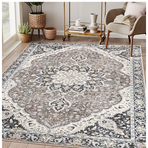 8 x10 Area Rugs for Living Room,Stain Resistant Washable Rug,Non-Slip Backing Rugs for Bedroom,Kitchen,Printed Vintage Home Decor Rug (Brown/Multi, 8'x10')