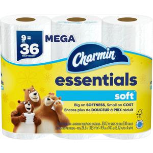 Charmin Essentials Soft Toilet Paper, 9 Mega Rolls = 36 Regular Rolls