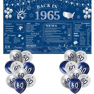 Navy Blue Silver 60th Birthday Decorations for Men or Women Large 60th Birthday Banner and Balloons, Back in 1965 Birthday Backdrop, 60 Year Old Birthday Anniversary Party Decor Supplies