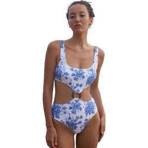 BERLOOK O-Ring Cut Out One-Piece Swimsuit Sexy Floral U Neck Bathing Suit (White, L)