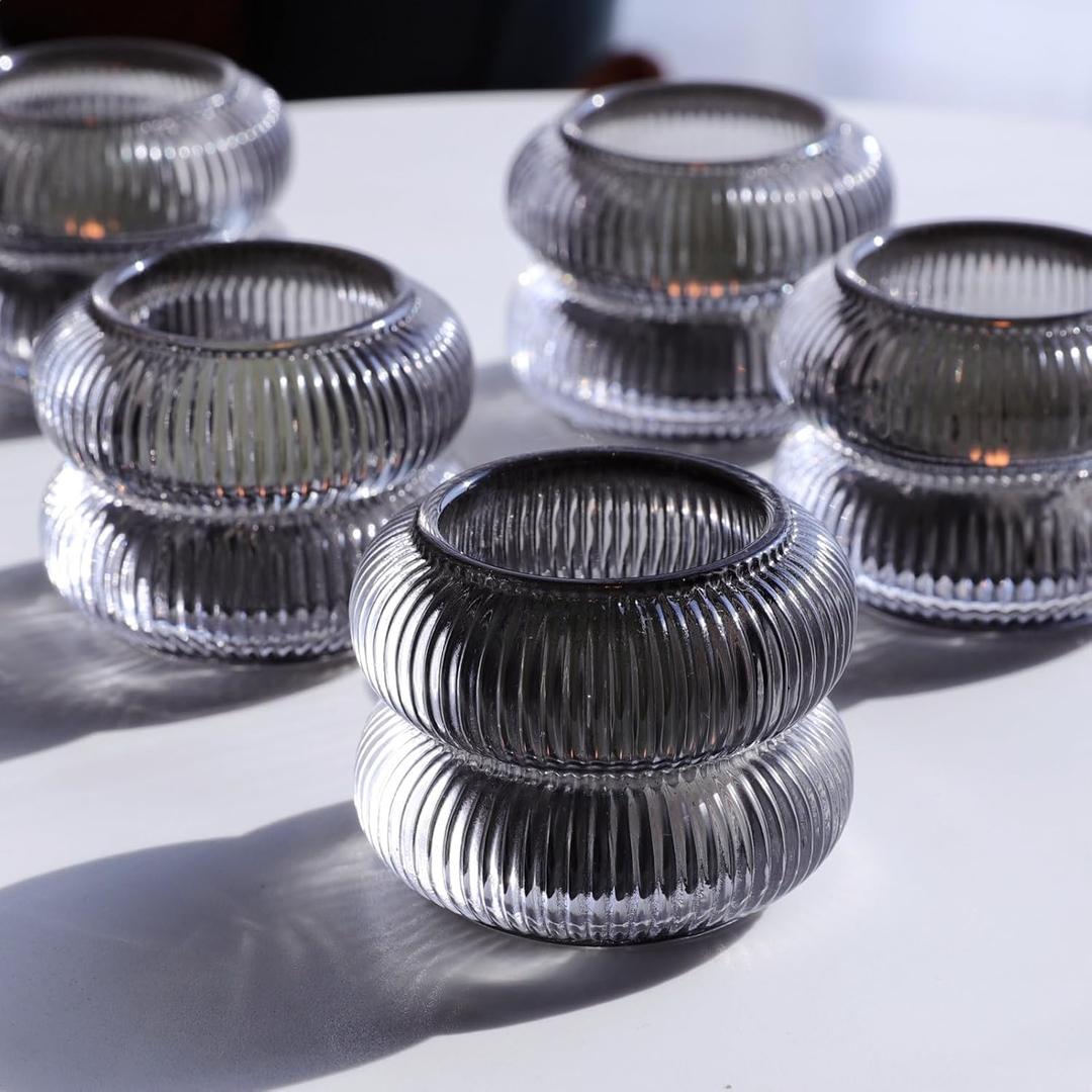 Woho Smoke Grey Votive Candle Holders Set of 6, Vintage Ribbed Tealight Candle Holder for Daily Home Decor, Classy Tea Light Candle Holder Glass for Living Room Table Decor(Grey, 2.1" H X 2.75" D) (Gray)