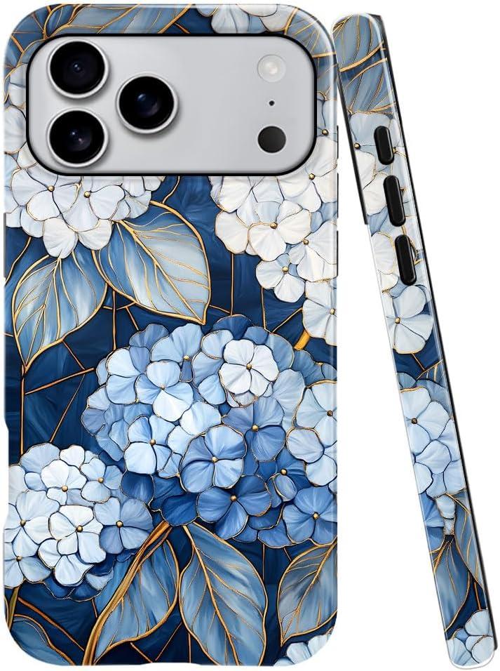 Case Compatible with iPhone 17 Pro Max,Glossy Hybrid 2-Layer Hard Shell,Shockproof Soft for Girl Women,Blue Hydrangea Floral Artful