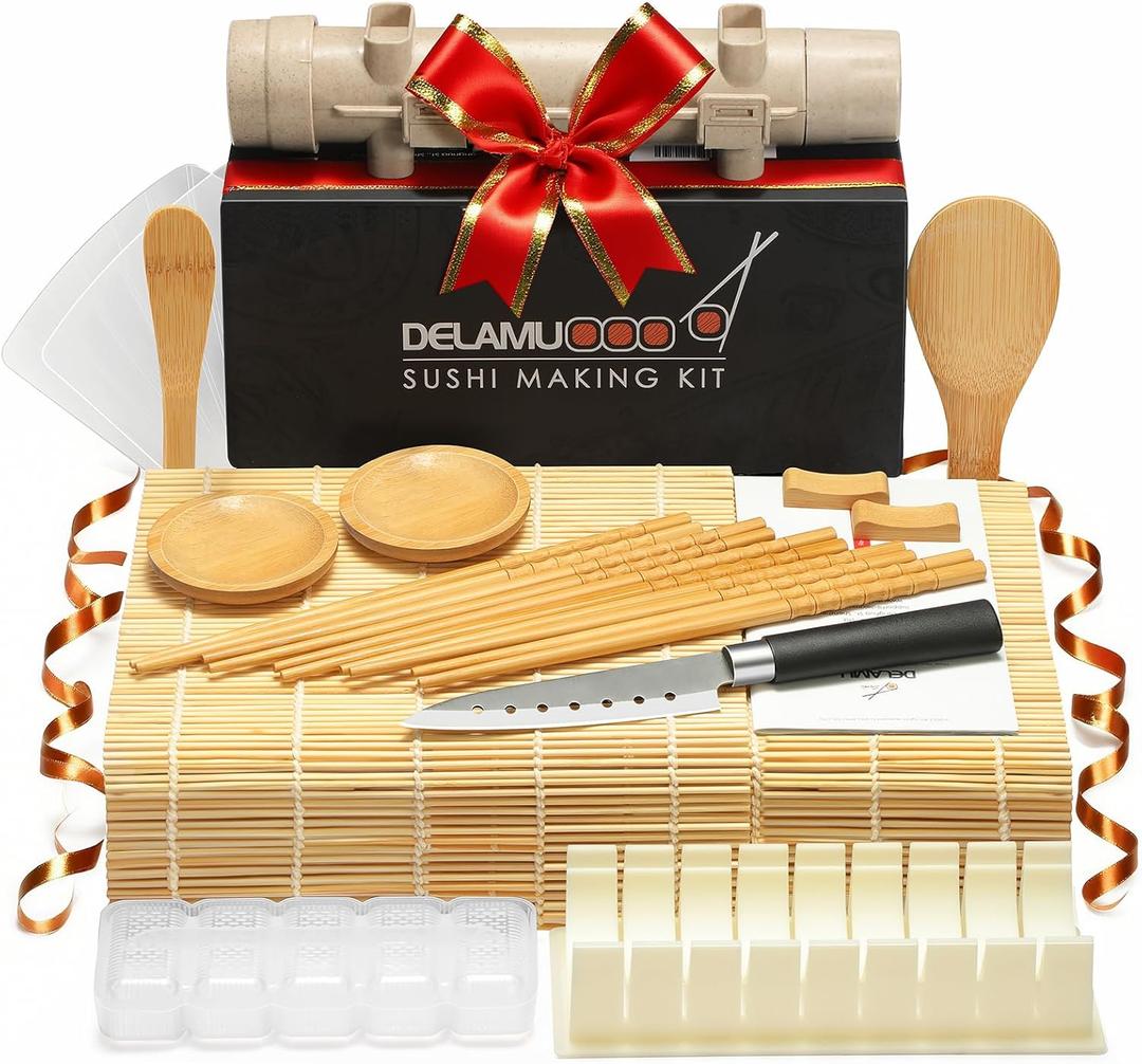 Delamu Sushi Making Kit, 20 in 1 Bazooka Roller Kit with Chefs Knife, Bamboo Mats, Rice Mold, Temaki Sushi Mats, Rice Paddle, Spreader, Chopsticks, Sauce Dishes, Guide Book