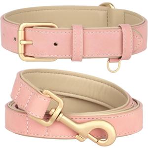 Beirui Soft Padded PU Leather Dog Collar and Leash Set, Durable Dog Leash and Collar Set with Metal Buckle, Breathable Pet Collars with 4FT Leash for Small Dogs(Pink, Neck 11-15")