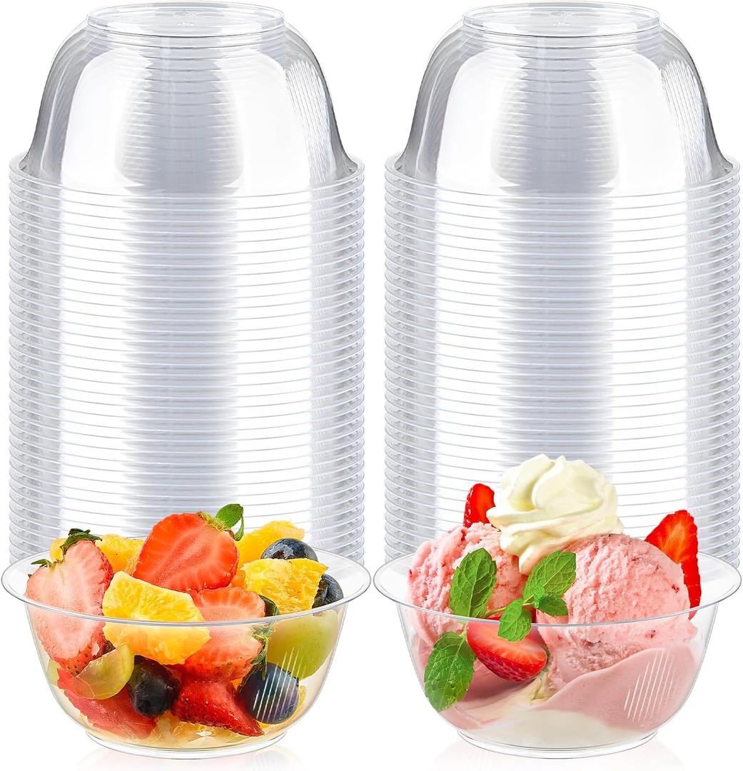 Qeirudu 8 oz Small Clear Plastic Bowls, 100 Pack Disposable Hard Plastic Party Serving Bowls for Salads, Ice Creams, Fruit, Desserts, Parfaits, Snacks