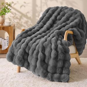 BEDELITE Faux Fur Throw Blanket, Soft Cozy Plush Dark Grey Bubble Blanket for Couch Sofa Bedroom Living Room Decor - 870GSM Thick Warm Fuzzy Fluffy Faux Rabbit Fur Blanket, 50x60 Inches