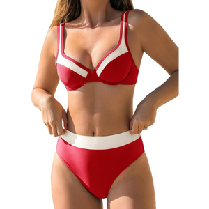 CUPSHE Women's Bikini Sets Two Piece Bathing Suit High Waisted Underwire Wide Adjustable Straps Color Block Back Hook L