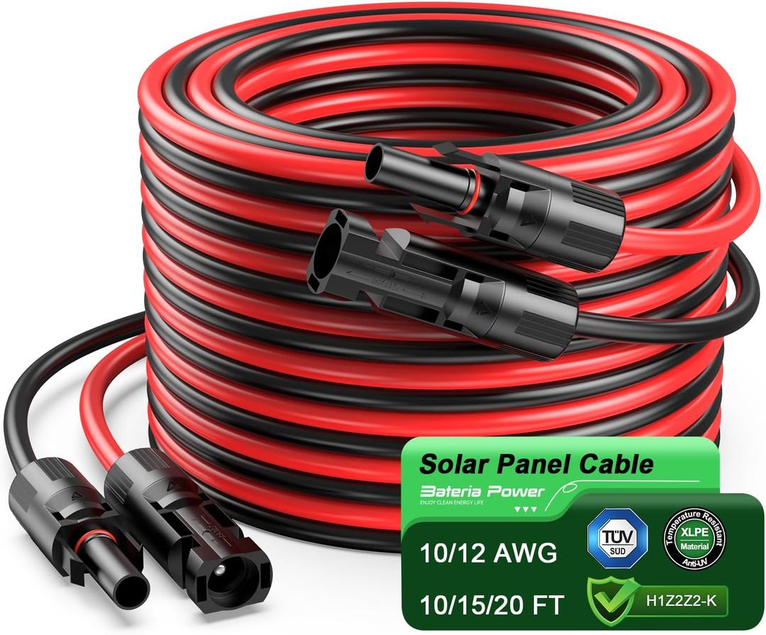 Bateria Power 10Feet 10AWG (6mm) Solar Panel Cable with Female and Male Connectors, PV Extension Wire for RV, Photovoltaic System (1 Pair Black and Red) Bateria Power 10Feet 10AWG (6mm) Solar Panel Cable with Female and Male Connectors, PV Extension Wire for RV, Photovoltaic System (1 Pair Black and Red)