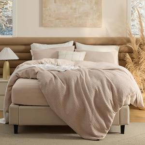 Bedsure 100% Cotton Duvet Cover Queen Size with Fitted Sheet - 4 Pieces Khaki Waffle Weave Duvet Covers, PureWowen Breathable Bedding Set Includes 1 Duvet Cover 90x90, 1 Fitted Sheet, 2 Pillow Shams