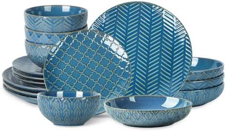Sureasy Ceramic Dinnerware Set for 4-16 Pieces Embossed Plates and Bowls Sets, Scratch Resistant Dish Set, Microwave, Oven & Dishwasher Safe, Blue