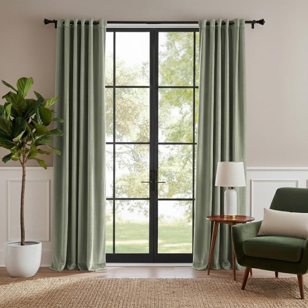 RYB HOME Sage Green Velvet Curtains for Living Room, 84 inches Long Rustproof Grommet Window Drapes Energy Efficient Super Soft Curtains for Bedroom Home Office, W52 x L84 inch, 2 Panels,Sage Green, 52"W x 84"L (Pack of 2)