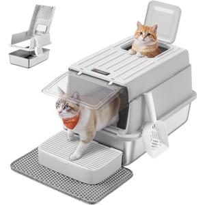 Feandrea Stainless Steel Cat Litter Box with Flip Lid, Litter Catcher Mat and Box, 2 Doors, Scoop, for Cats up to 33 lb, Light Gray UPPT007GD01
