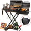 kscocinaBBQ Portable Charcoal Grill with Smoking Function, Foldable Suitcase Design with Wheels, Multi-Tier Storage Rack & Waterproof Cover for Outdoor BBQ Parties (Black)
