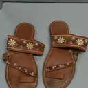 OYOANGLE Women's Boho Floral Embroidered Flat Sandals Toe Ring Leather Flip Flops Vacation Beach Thong Sandals size 37