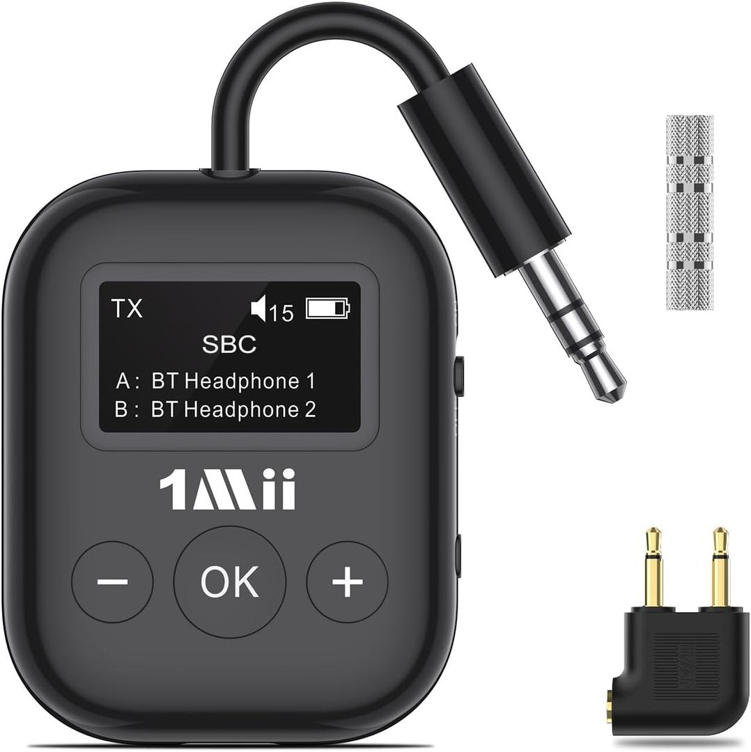 1Mii Airplane Bluetooth 5.3 Transmitter for All Headphones - Bluetooth Adapter for TV - Dual Connection - aptX Low Latency - Flying Travel, Wireless Audio Aux for MP3, Game, PC-Black