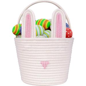 Easter Basket for kids Empty Bunny Egg Baskets With Handle And Ears Easter Gifts Cute Woven Basket (pink)