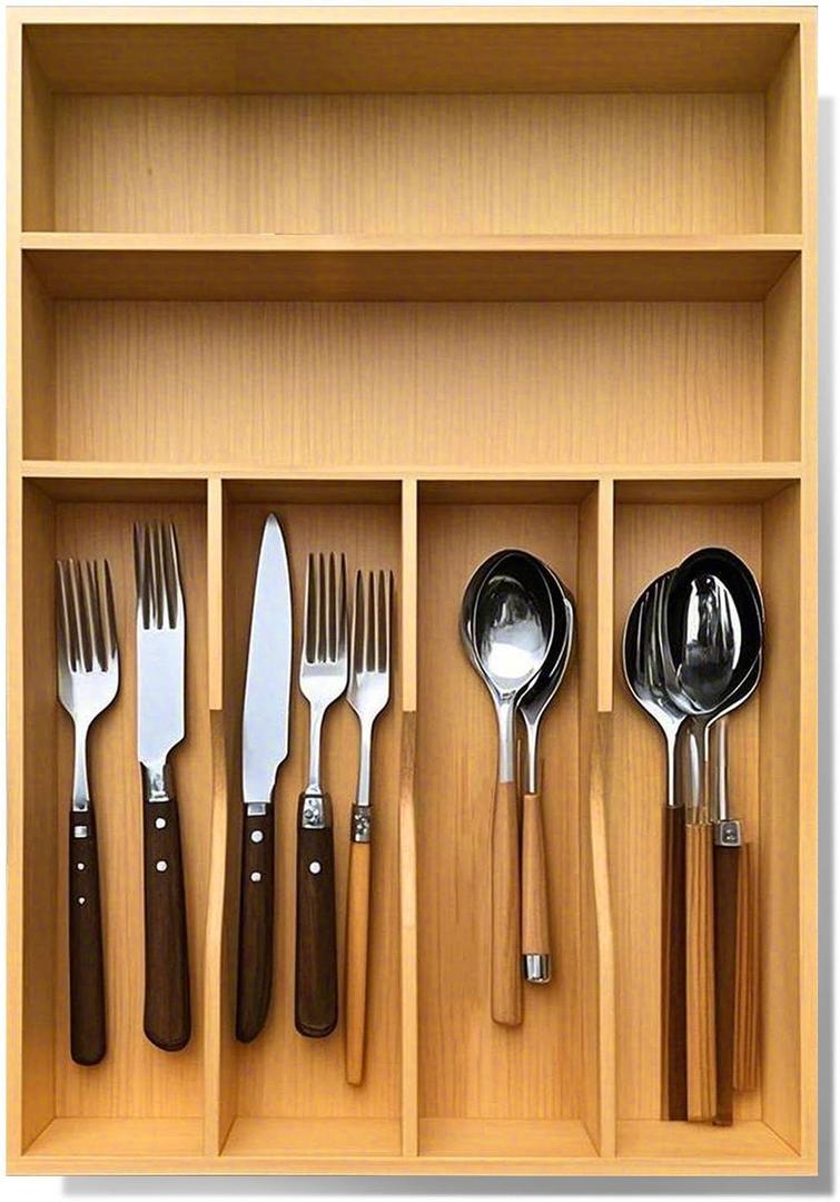 Guiogc Bamboo Kitchen Drawer Organizer, 11.6" W x 17" H Silverware Utensil Tray Holder, Wood Cutlery Tray for Silverware, Flatware, Bedroom, Organization of office supplies
