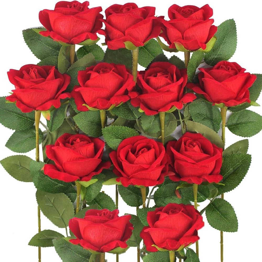 Jasion 12PCS Artificial Roses Realistic Velvet Silk Flowers Long Stem Faux Flowers Bouquet for Wedding Home Party Table Centerpieces Decorations (Red)