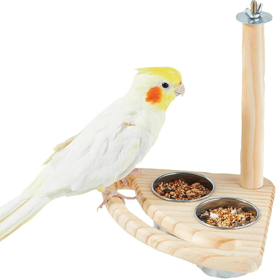 Bird Perch, Parrot Platform Wood Stand with Feeding Bowl Cups Bird Toys Parrot Cage Accessories for Parakeet Lovebird Cockatiel Conure Budgie Small Animals