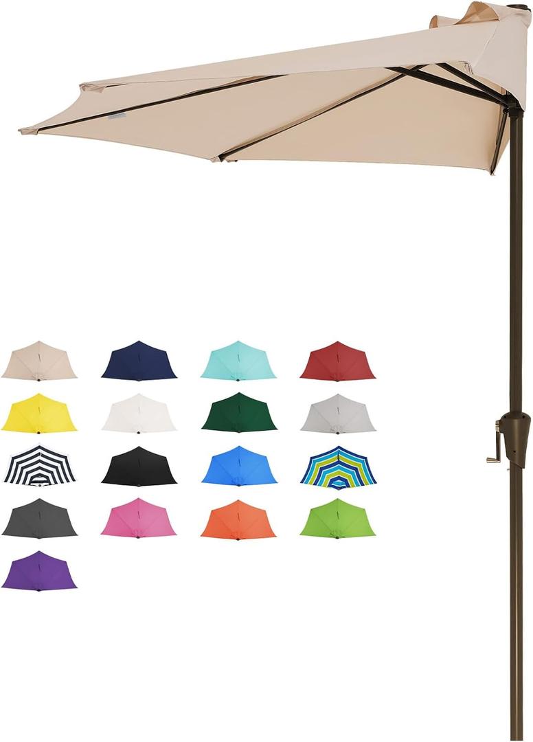 JEAREY 9ft Half Umbrella Outdoor Patio Umbrella Market Umbrellas with Crank, 1/2 Round Wall Umbrella 5 Sturdy Ribs UV Protection for Pool Garden Balcony Deck, Beige